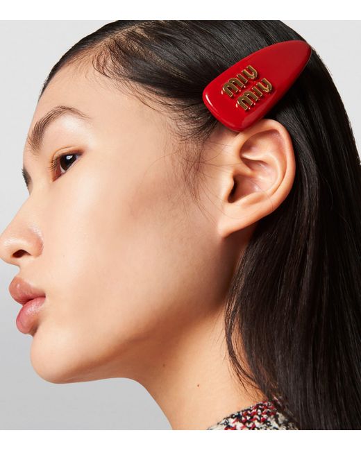 Miu Miu Red Leather Logo Hair Clip