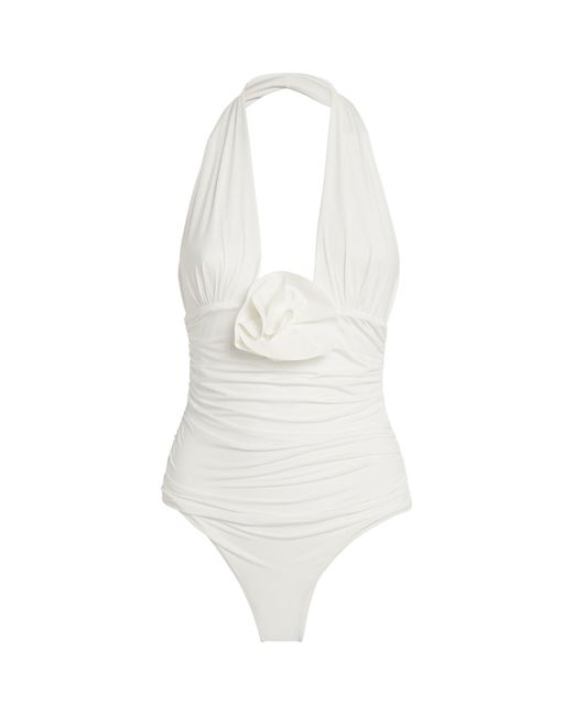 Maygel Coronel White Ruched Halterneck Swimsuit