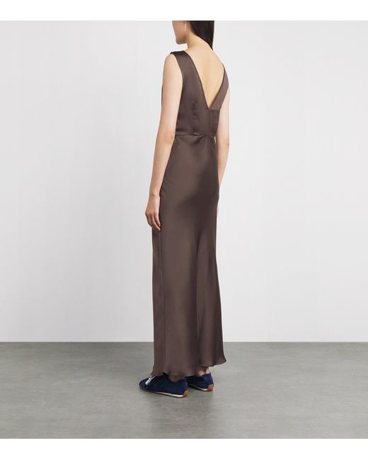 Sandro Brown Satin Lace-Trim Maxi Dress