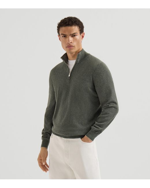 Brunello Cucinelli Green Cashmere Half-Zip Sweater for men