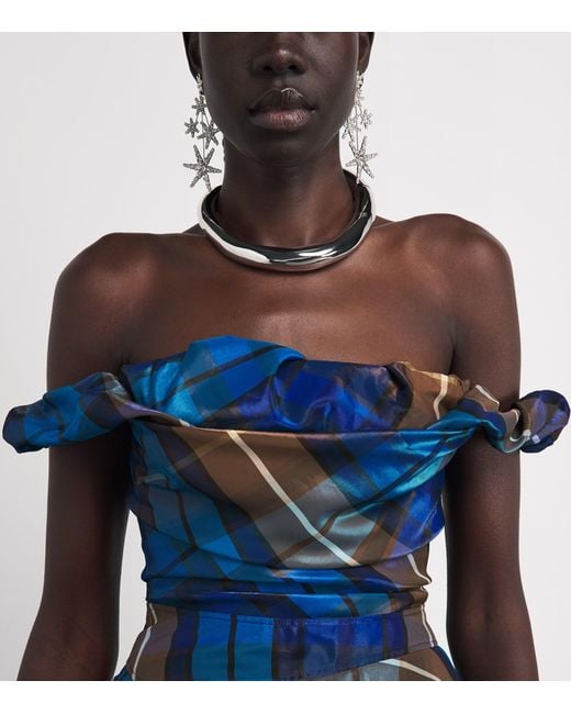 Vivienne Westwood Blue Tartan Off-The-Shoulder Chichi Gown