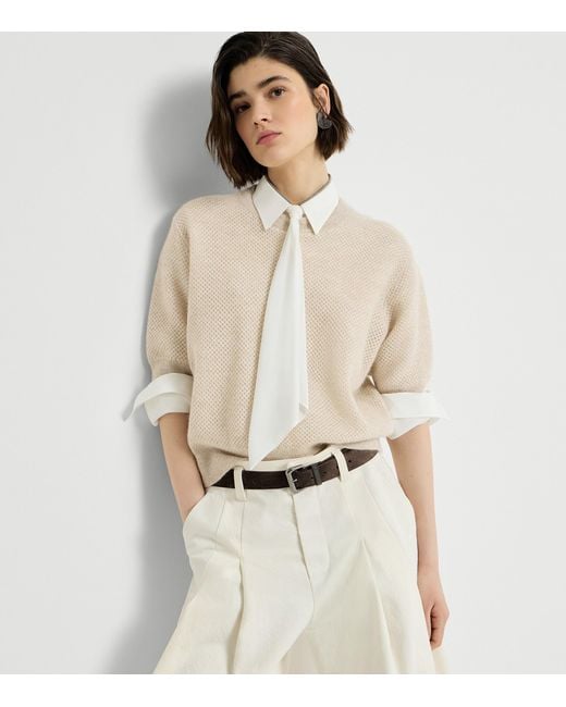 Brunello Cucinelli White Sparkling Short-Sleeve Sweater