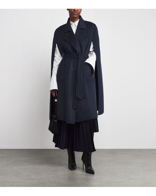 Wolk Morais Blue Cashmere Pinstripe Tie-Waist Cape Coat