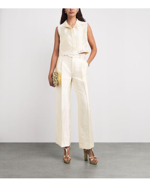 Sandro White Lace-Trim Cropped Shirt