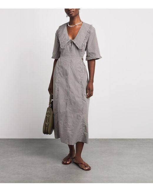 Ganni Gray Cotton Gingham Midi Dress