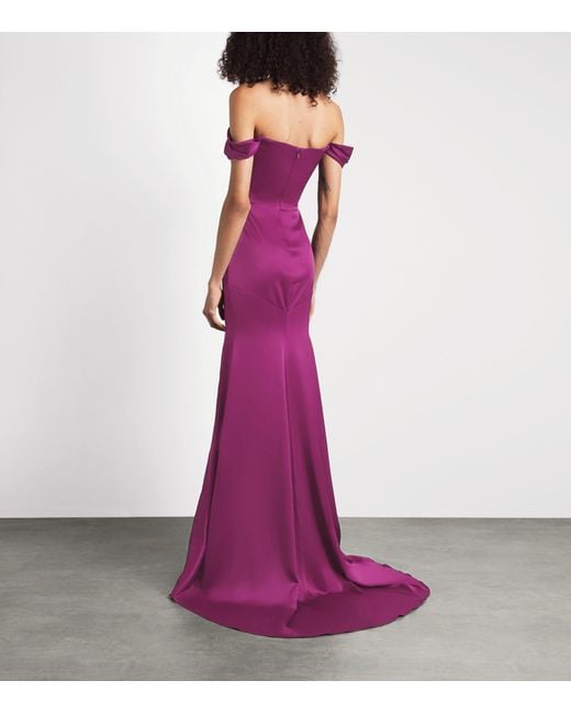 Alex Perry Purple Satin Crepe Off-Shoulder Gown