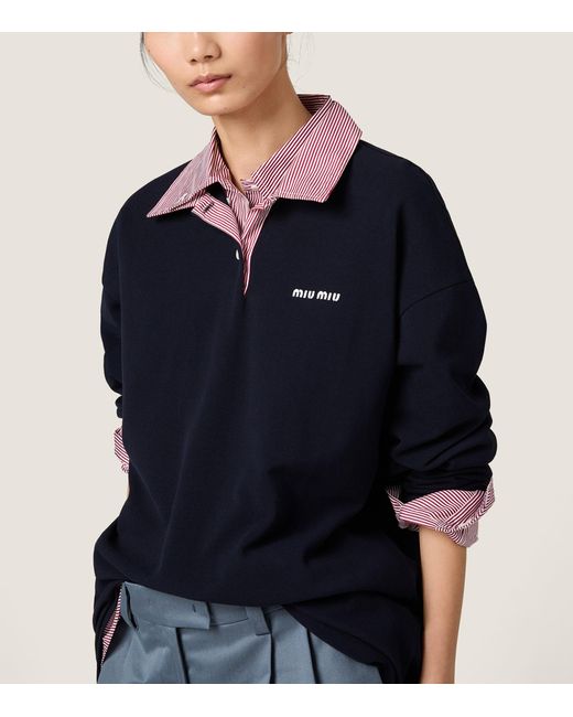 Miu Miu Blue Cotton Contrast Collar Polo Shirt