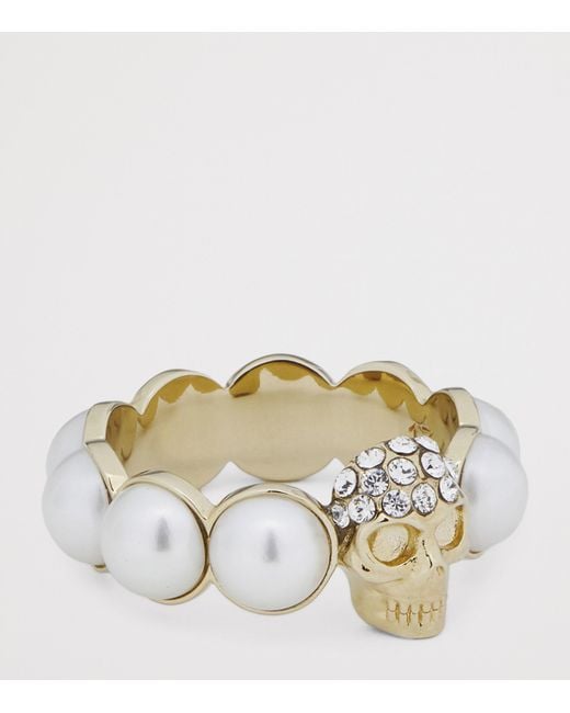 McQueen Metallic Faux Pearl And Skull Ring for men