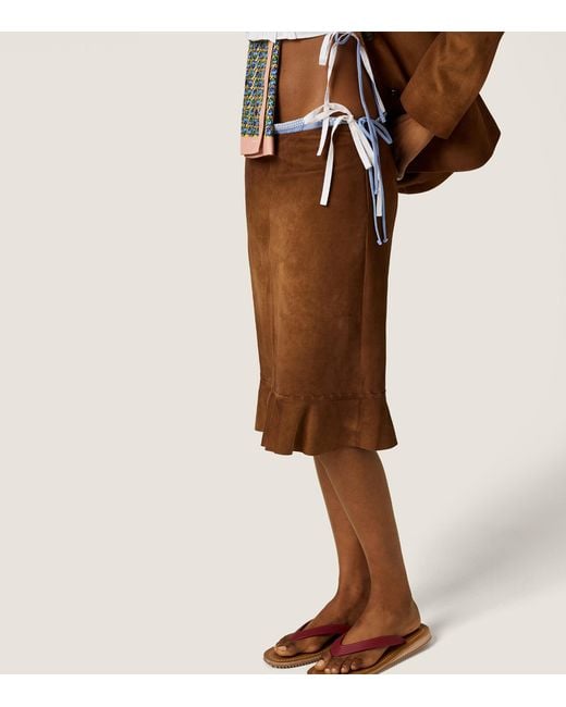 Miu Miu Brown Waxed Suede Midi Skirt