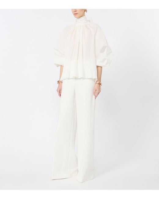 Max Mara White Pleated Pussybow Blouse