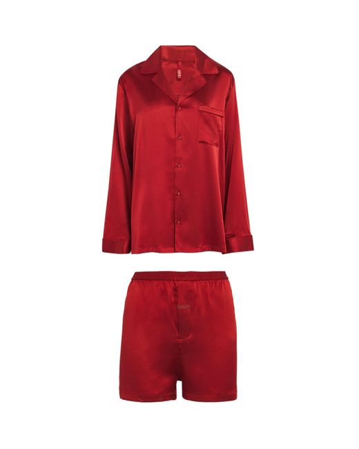 Skims Red Silk Oversized Short Pyjama Set