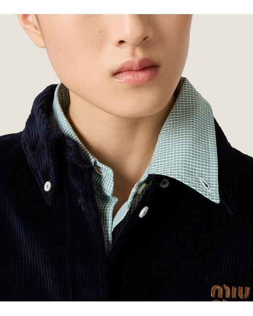 Miu Miu Blue Corduroy Suede-Trim Shirt