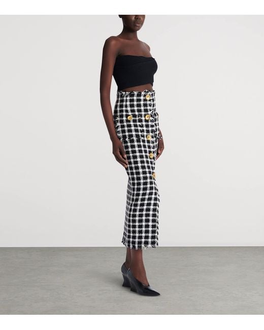 Balmain Black Gingham Tweed Long Skirt
