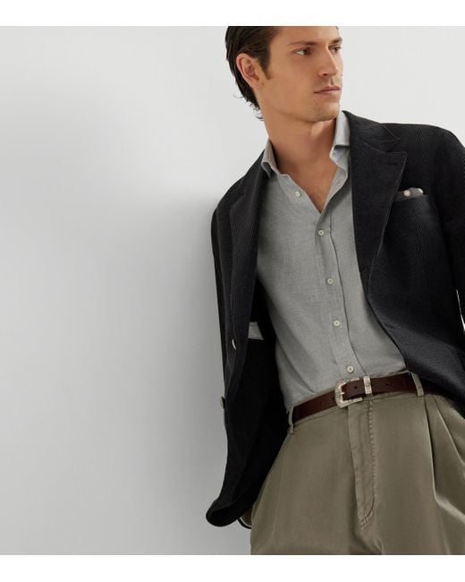 Brunello Cucinelli White Cotton-Blend Chevron Flannel Shirt for men