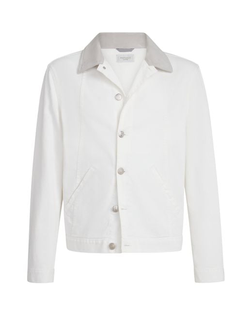 Brunello Cucinelli White Denim Leather-Collar Jacket for men