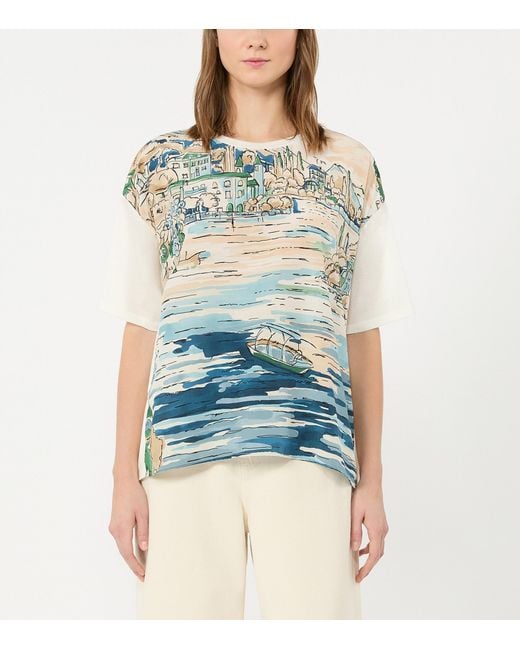 Weekend by Maxmara Blue Stretch-Cotton Silk-Trim Printed T-Shirt