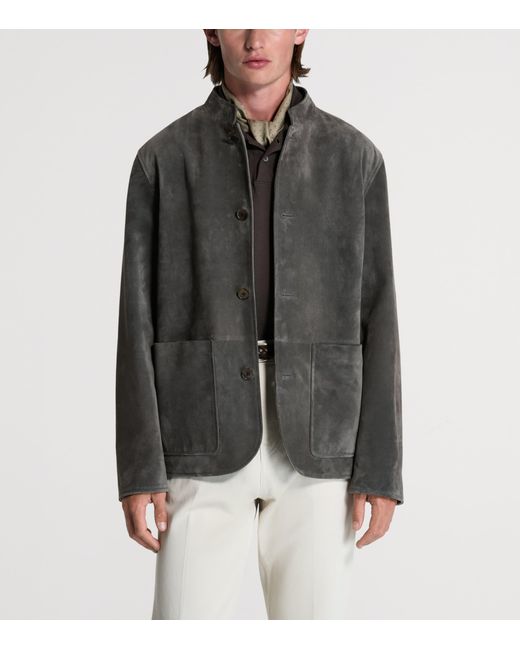 Dunhill Gray Leather Mandarin-Collar Jacket for men