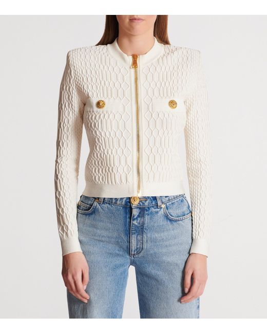 Balmain White Crocodile-Knit Cardigan