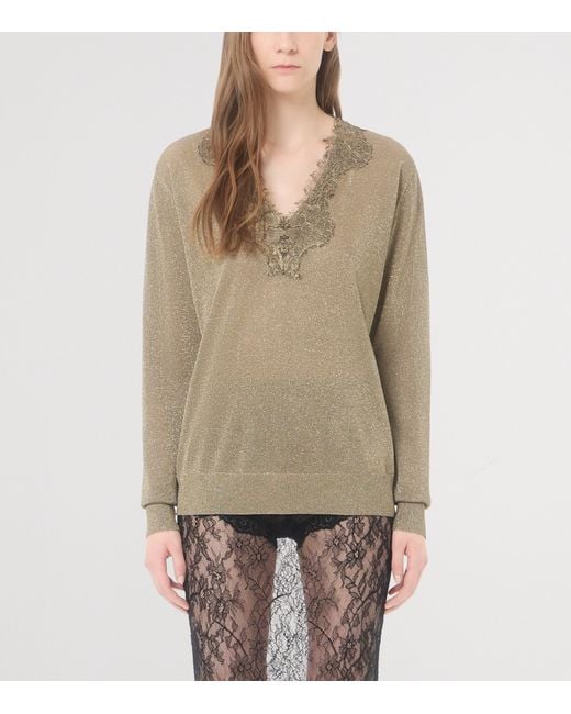Valentino Natural Lace-Trim V-Neck Sweater