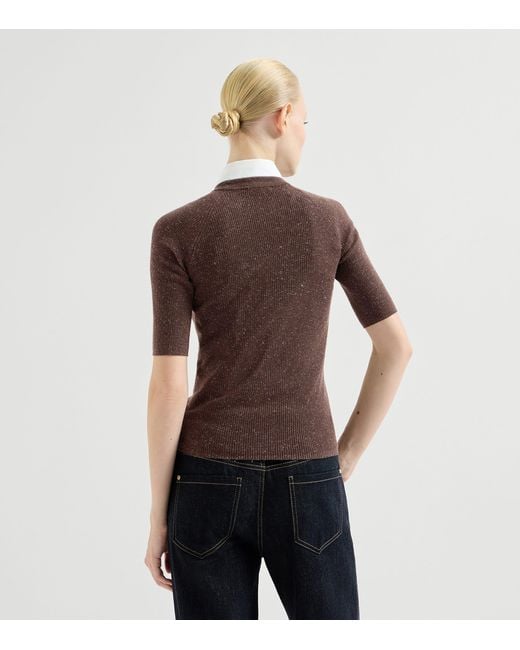 Brunello Cucinelli Brown Cashmere Sparkling Short-Sleeve Sweater