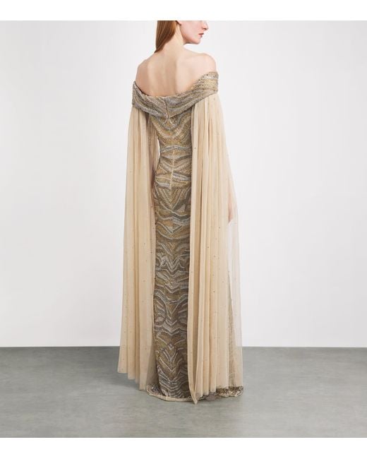 Raishma Natural Tulle Embellished Cape Gown