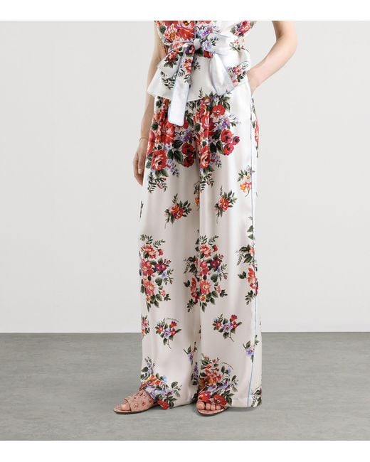 Dolce & Gabbana White Satin Floral Drawstring Trousers