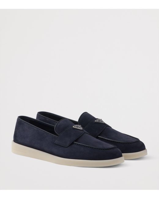 Prada Blue Suede Triangle Loafers for men