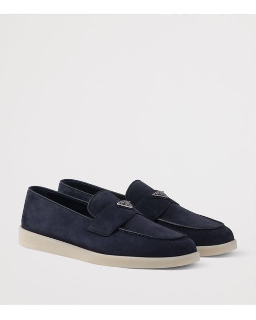 Prada Blue Suede Triangle Loafers for men