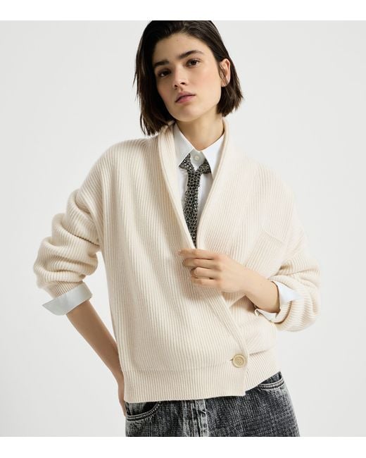 Brunello Cucinelli White Cashmere English Rib Asymmetric Cardigan