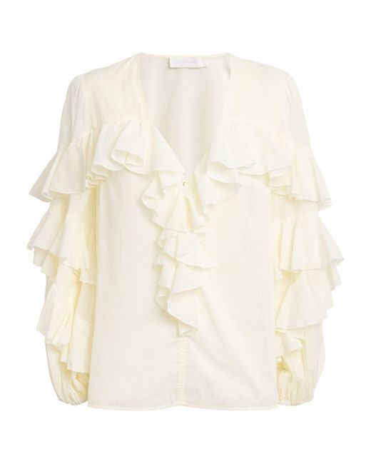 Zimmermann Natural Cotton Ruffled V-Neck Blouse