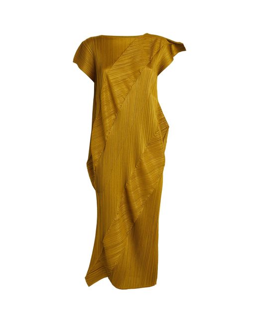Pleats Please Issey Miyake Yellow Kombu Midi Dress