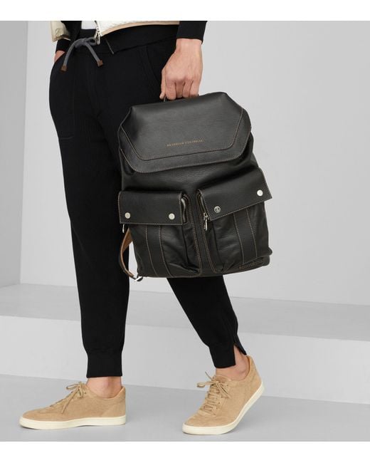 Brunello Cucinelli Black Leather Backpack for men