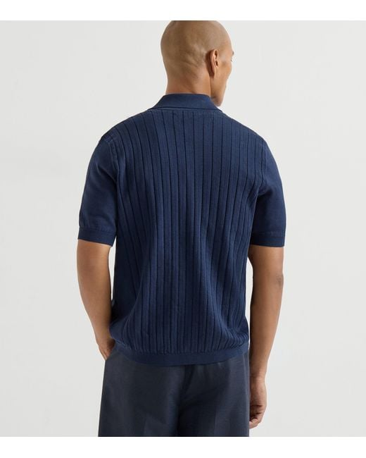 Brunello Cucinelli Blue Cotton Ribbed Short-Sleeve Cardigan for men