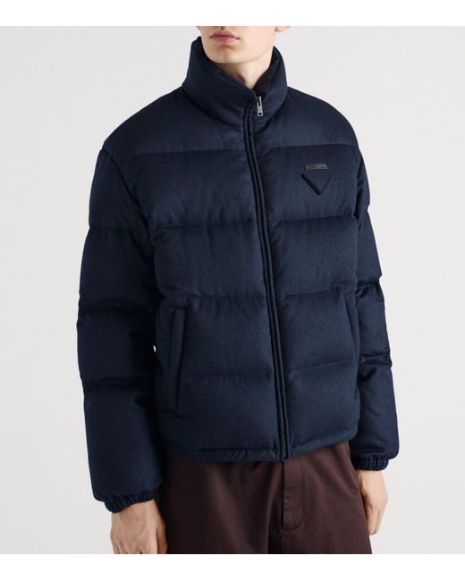 Prada Blue Cashmere Logo Puffer Jacket for men