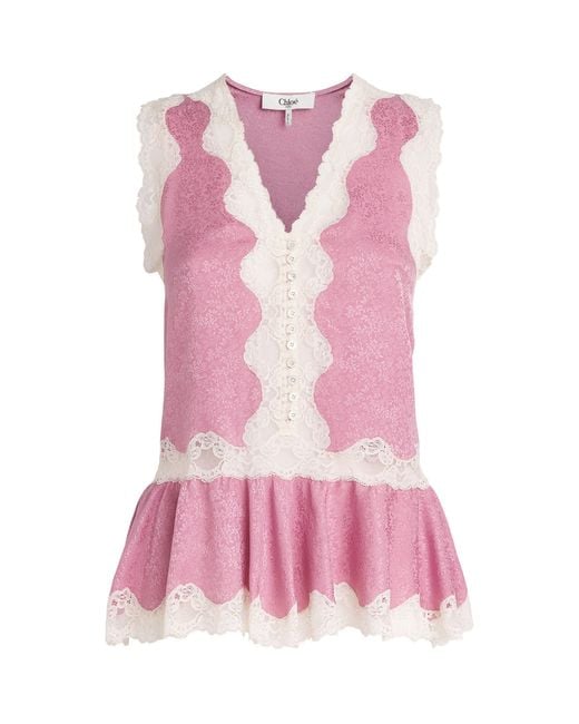 Chloé Pink Silk Jacquard Peplum Top