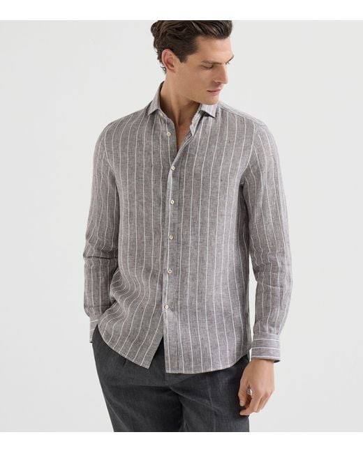 Brunello Cucinelli Gray Linen Chalk Stripe Shirt for men