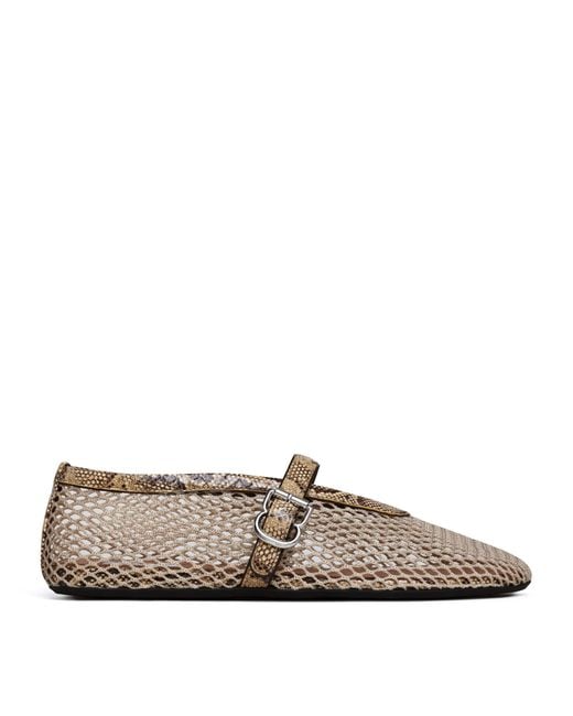 Alaïa Brown Mesh Python Print-Trim Ballet Flats