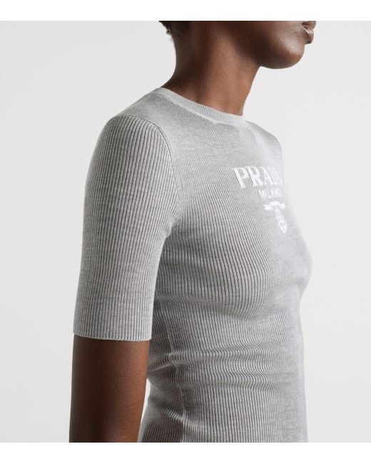 Prada Gray Silk Logo Longline T-Shirt