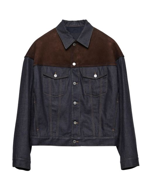Prada Blue Suede-Panel Denim Jacket for men