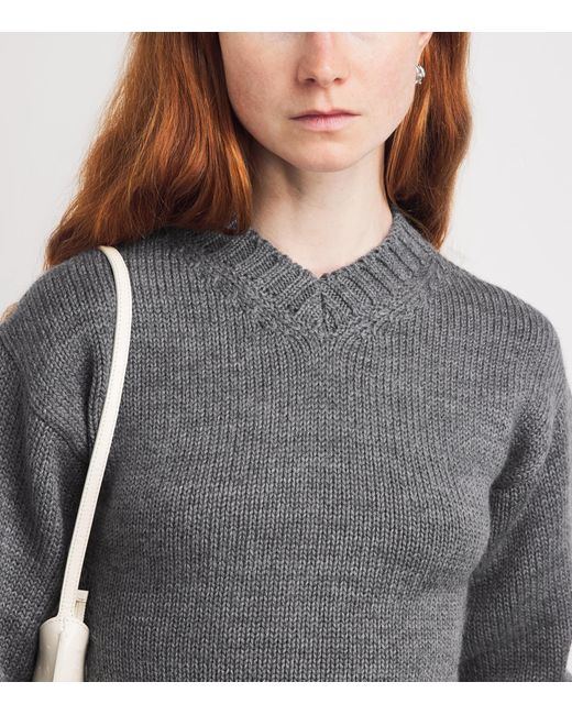 Jil Sander Gray Wool V-Neck Sweater