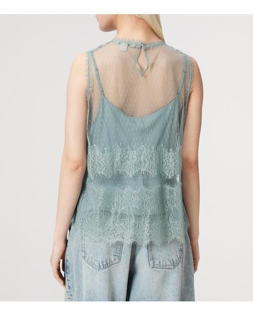 AllSaints Blue Tulle Lace-Trimmed Clara Blouse
