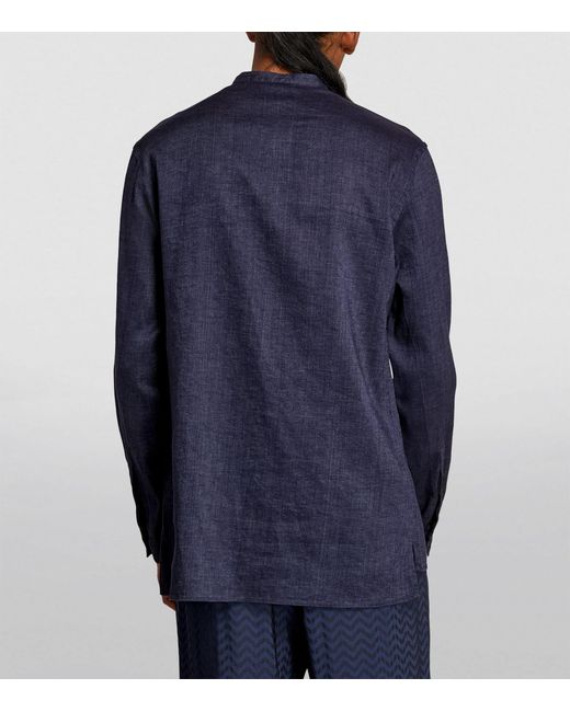 Giorgio Armani Blue Linen Band-collar Shirt for men