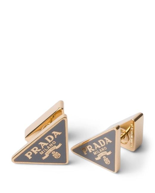 Prada Metallic Enamel Triangle Logo Earrings