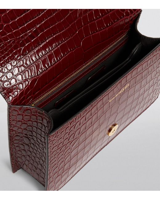 Alexander McQueen Red Medium Croc-Embossed Jewelled Satchel Bag