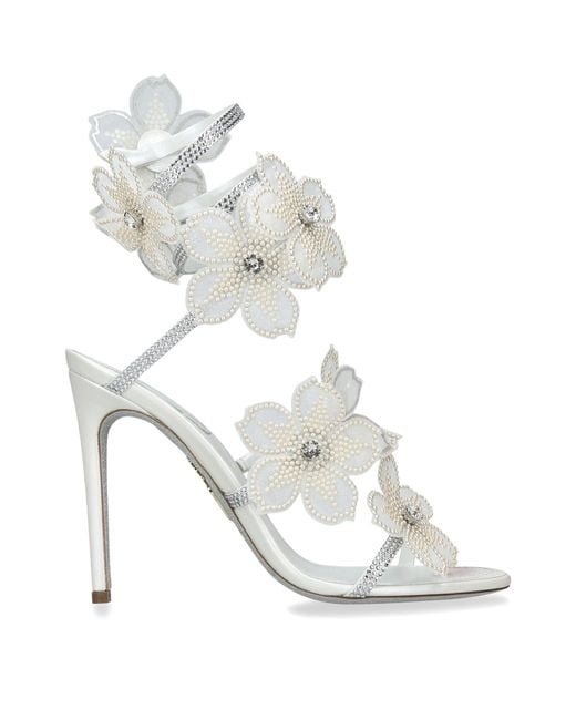 Rene Caovilla White Leather Flower Cleo Sandals 105