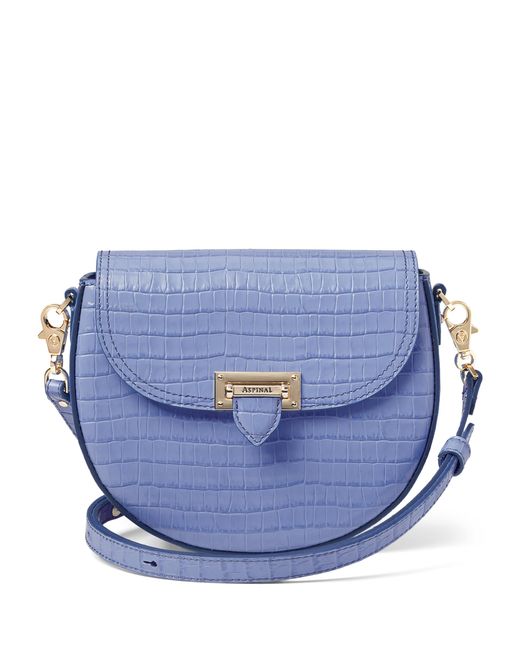 Aspinal Blue Leather Croc-Embossed Portobello Cross-Body Bag
