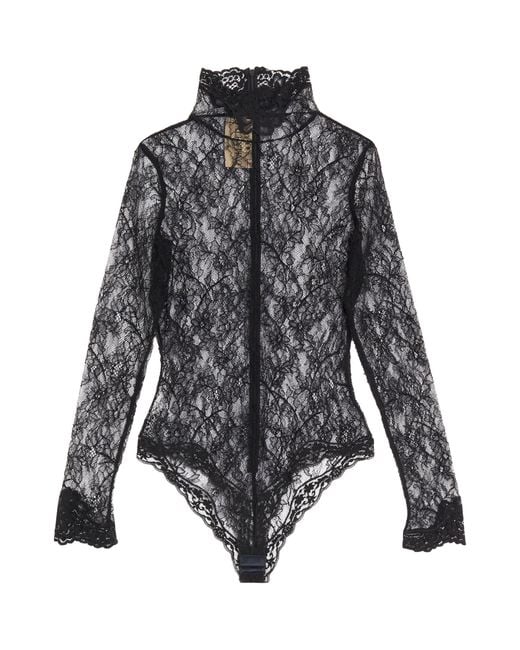 Valentino Gray Lace High-Neck Bodysuit
