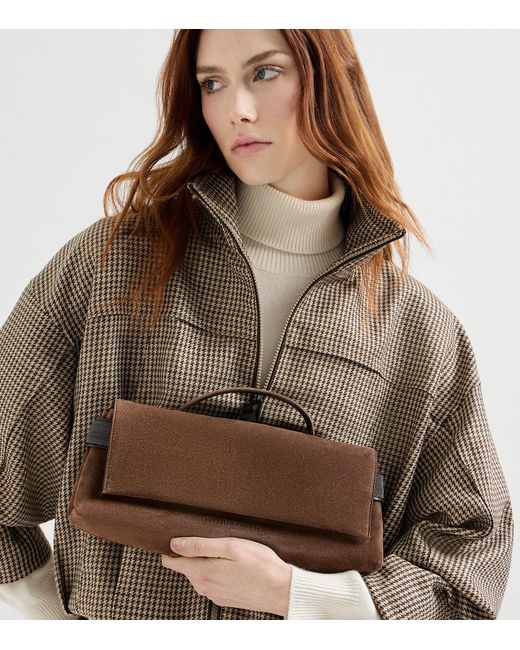 Brunello Cucinelli Brown Suede Essence Flap Top-Handle Bag