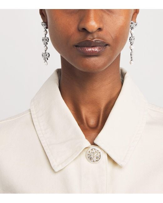 Self-Portrait White Crystal And Faux Pearl Bow Tiered Earrings