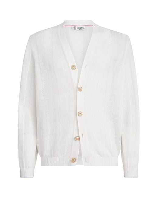 Brunello Cucinelli White Linen-Cotton Ribbed Cardigan for men